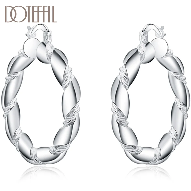 DOTEFFIL 925 Sterling Silver Twisted Rope Loop 38mm Circle Hoop Earring For Woman Jewelry