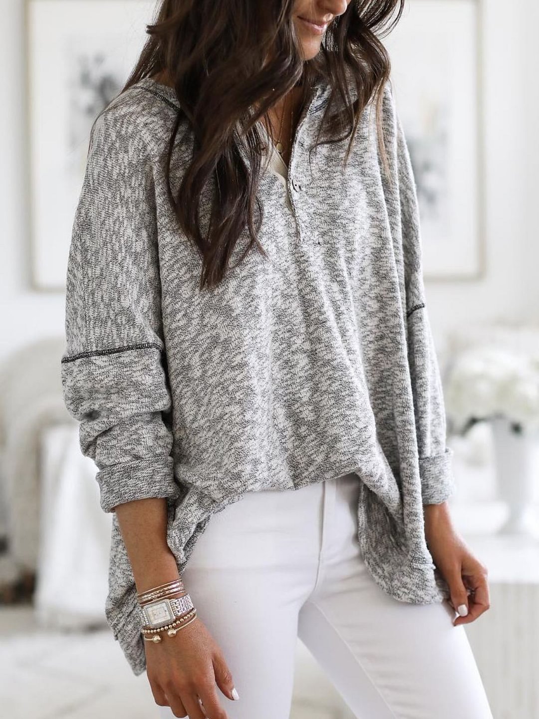 Plus Size Casual V Neck Long Sleeve Tops