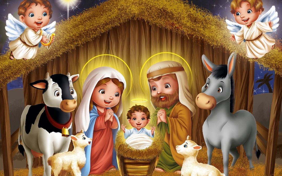 Cartoon The Birth of Jesus Christ Photography Background Backdrop Angels Saint Joseph Virgin Maria Little Lambs 