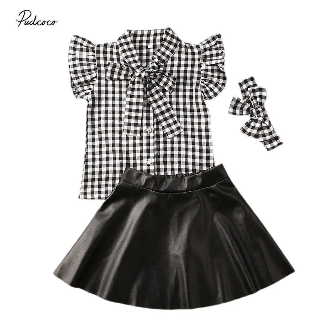 2020 Baby Summer Clothing Infant Kids 1-4T Infantil Kids Baby Girls 3Pcs Set Checked Bowtie Shirts PU Leather Skirts Headband