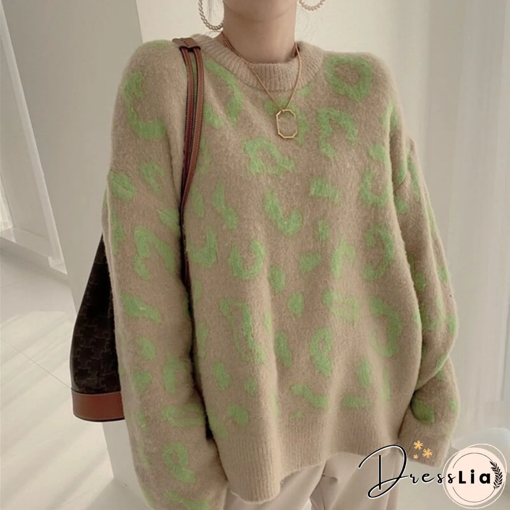 Streetwear Women Vintage Leopard Sweaters Pullovers Autumn Winter Fashion Harajuku Loose O-Neck Lazy Wind Korean Y2k Tops