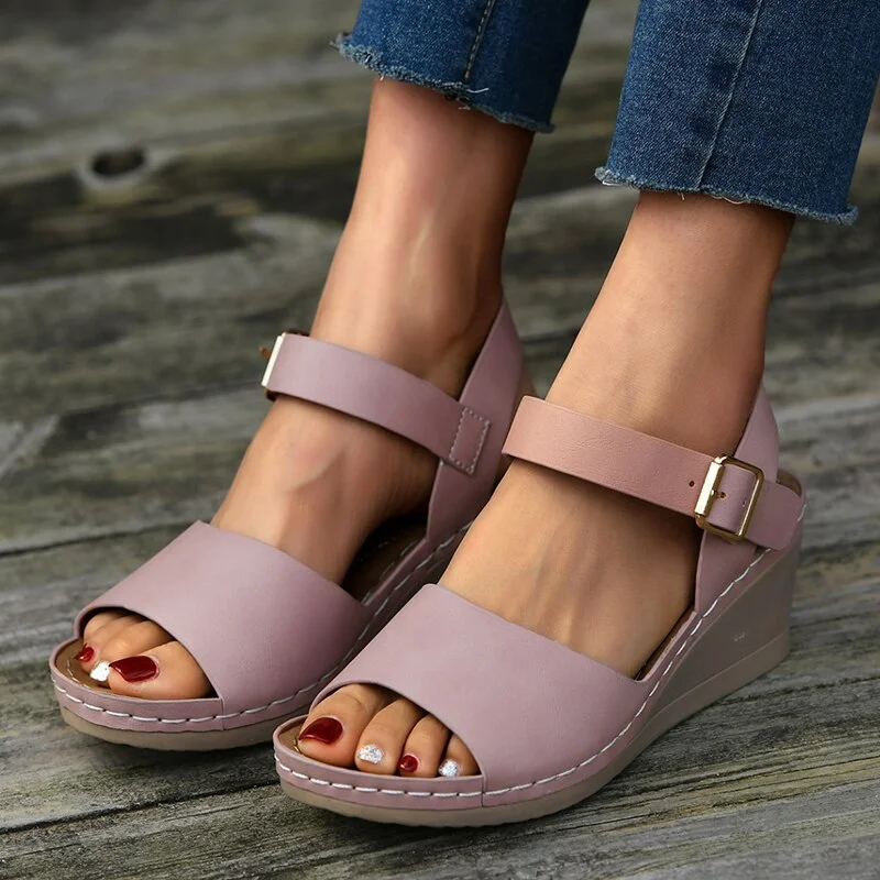 Women's PU Leather Wedges Sandals Summer 2022 Chunky Platform Beach Shoes Woman Open Toe Buckle Sandalias Mujer Plus Size