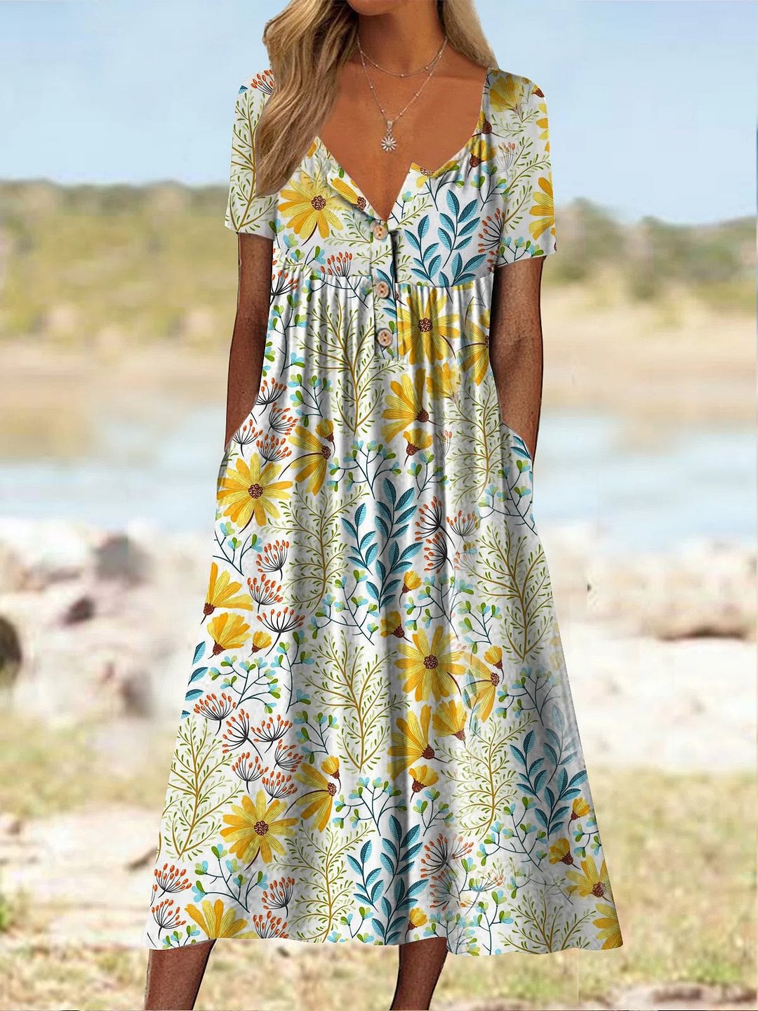 Women's Short Sleeve V-neck Floral Printed Buttons Midi Dress
