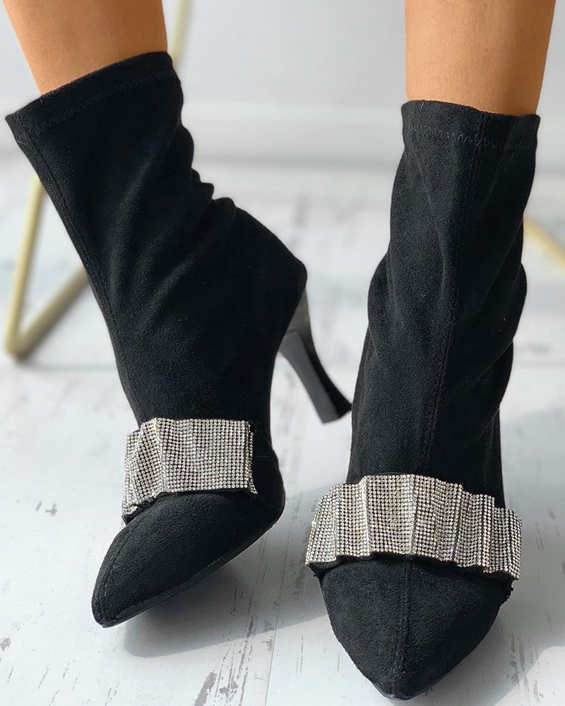 Rhinestone Strap Suede Pointed Toe Heeled Boots shopify LILYELF