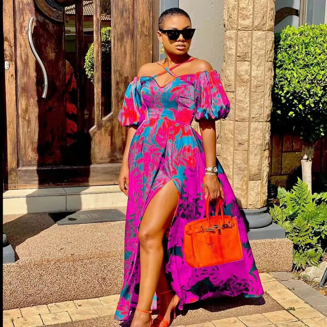 Uveng Uveng New Spring-Summer Women's Dress Print Open Fork Bra Hanging Neck V-Neck Dress