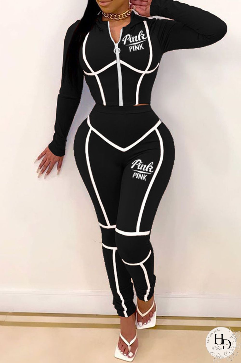 Black Casual Print Patchwork Hooded Collar Long Sleeve Two Pieces