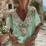 Women's Pink Roses Embroidered Art V-neck Short Sleeve Linen Blend T-shirt - Image 5