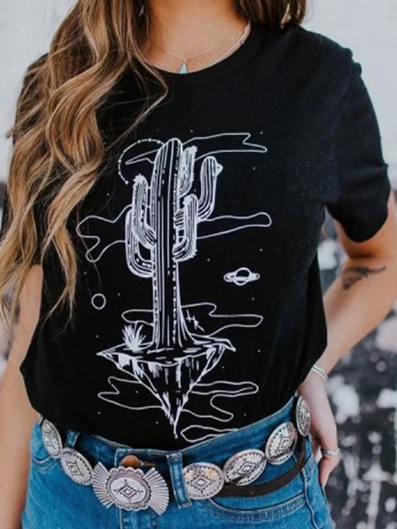 Crew Neck Cactus Print Short Sleeve Women's T-Shirt