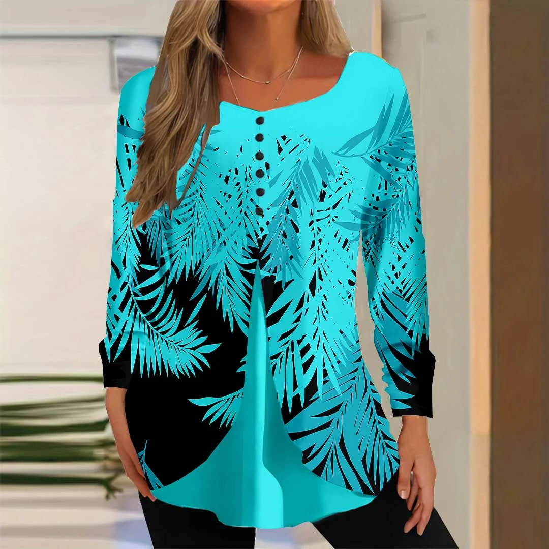 Women Graphic,Blue DZGG8349 Long Sleeve Scoop Neck Printed Graphic Button Fake 2in1 Tops