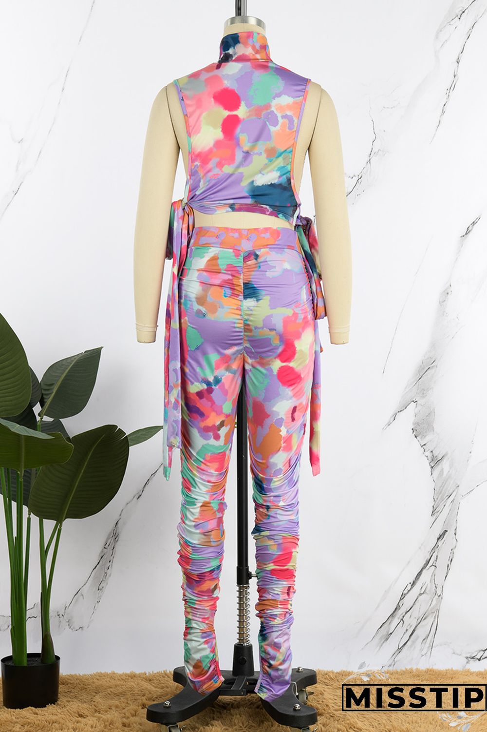 Multicolor Sexy Casual Print Bandage Fold Turtleneck Sleeveless Two Pieces