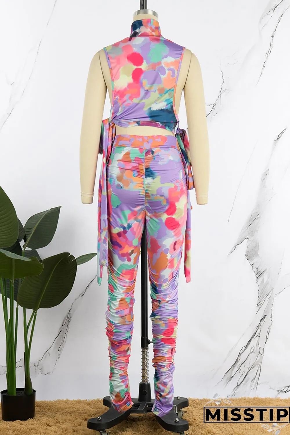 Multicolor Sexy Casual Print Bandage Fold Turtleneck Sleeveless Two Pieces