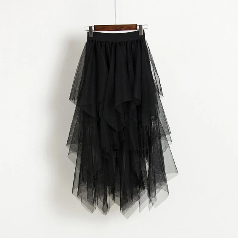 Nncharge Tulle Skirts Women High Waist Mesh Skirt Hem Asymmetrical Pleated Midi Skirt Female Black Pink Summer Mid-calf Skirts