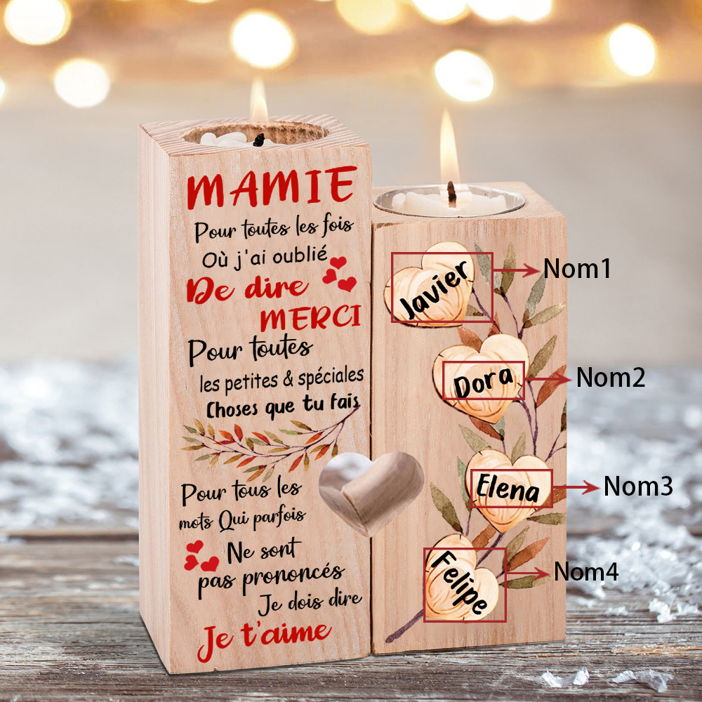 À Ma Mamie - Bougeoir en Bois 4 Prénoms Personnalisés sans bougie