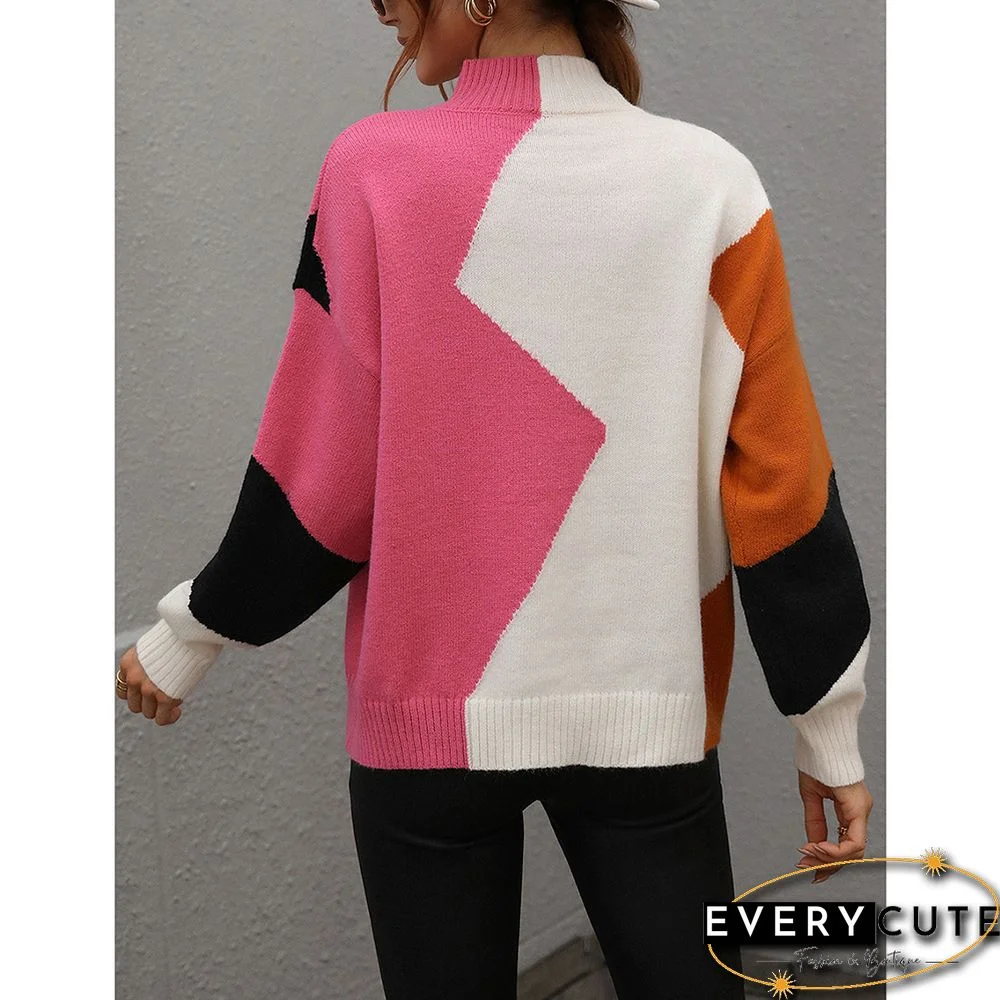 Rosy Color Block Crew Neck Knit Pullover Sweater