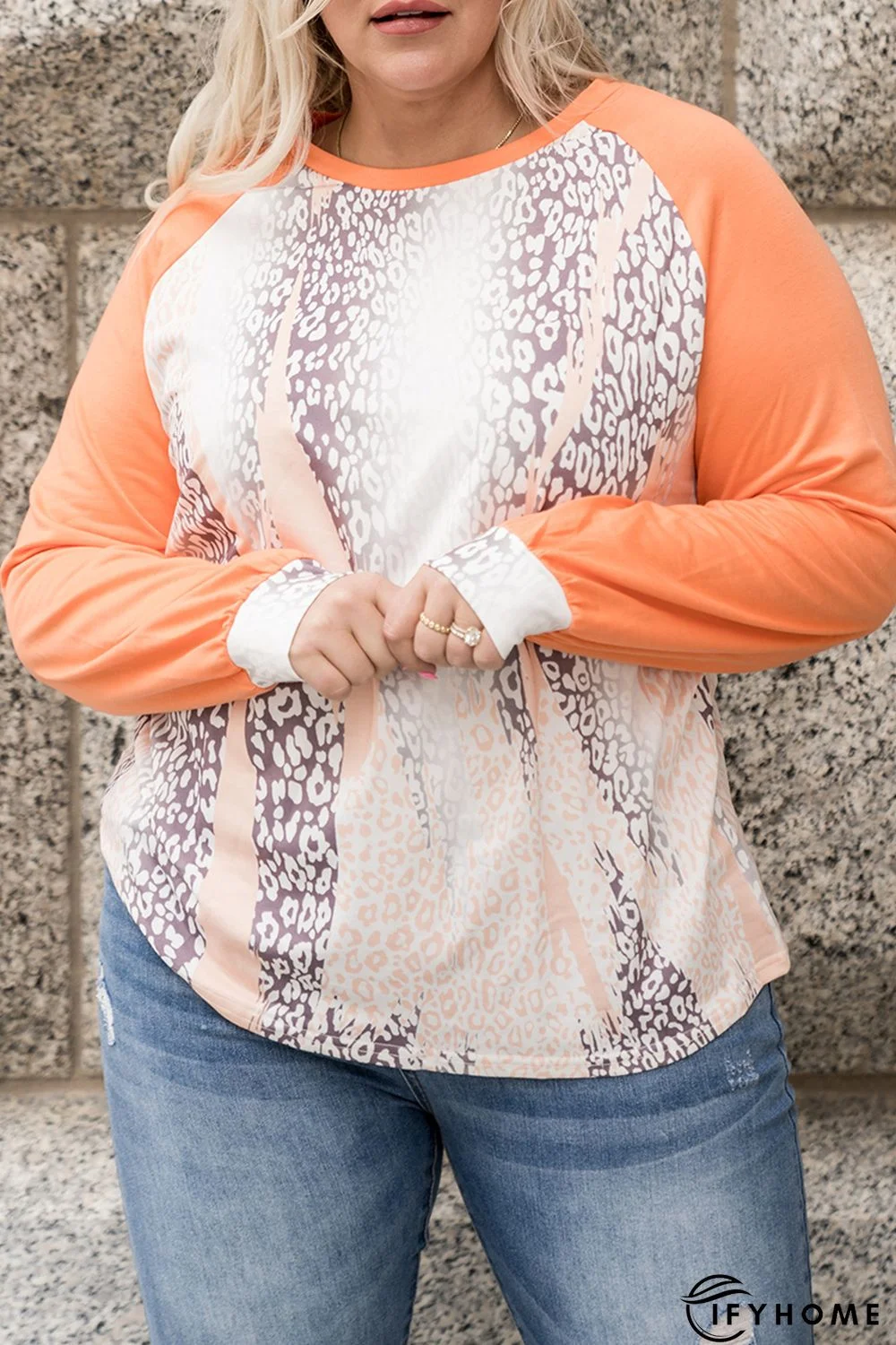 Orange Snakeskin Print Raglan Long Sleeve Plus Size Top | IFYHOME