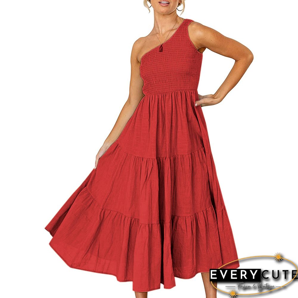 Red One-shoulder Swing Holiday Casual Dress