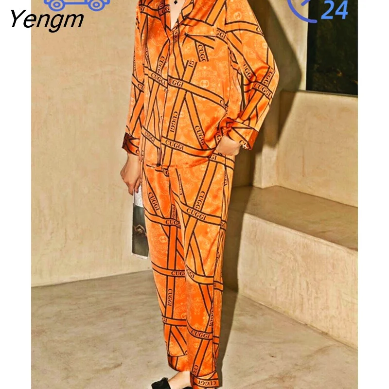 Yengm New Pajamas Women's Printed Long-sleeved Ice Silk Suit Cardigan Can Be Worn Outside Women's Household Clothes.Pajama Set