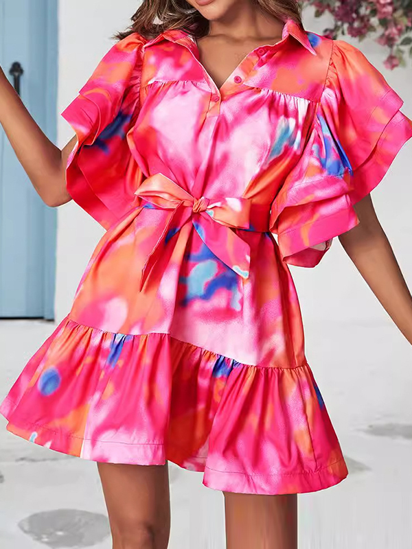 Tie-Dyed Tied Waist Split-Joint Leaves Print Buttoned Ruffle Sleeves Loose Lapel Mini Dresses PINK-M