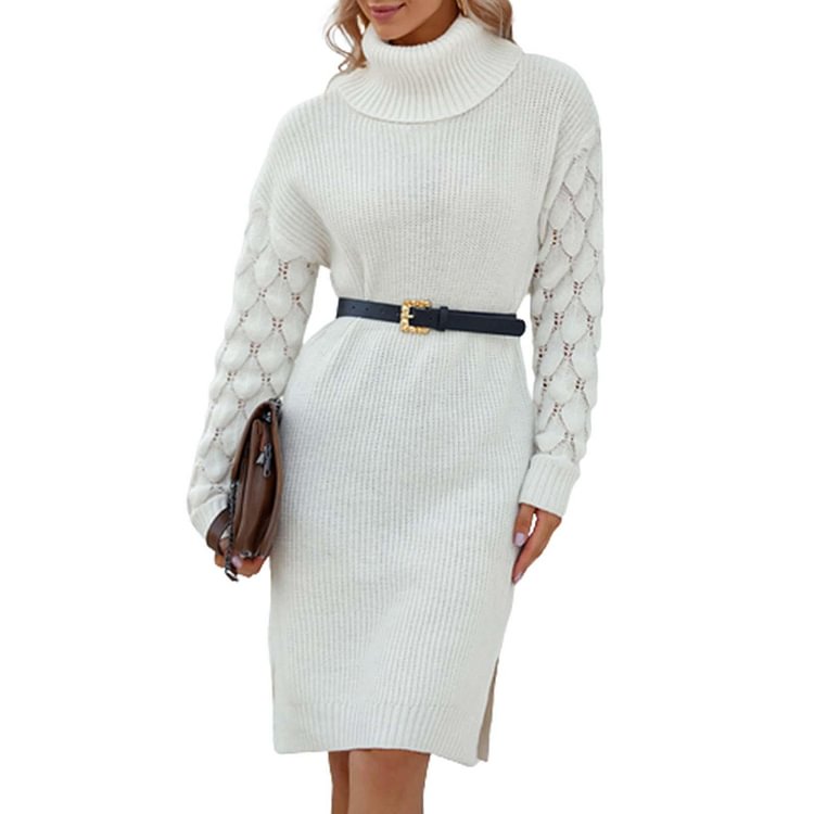 Women's High Neck Solid Hollow-Out Slit Sweater Dress Without Belt