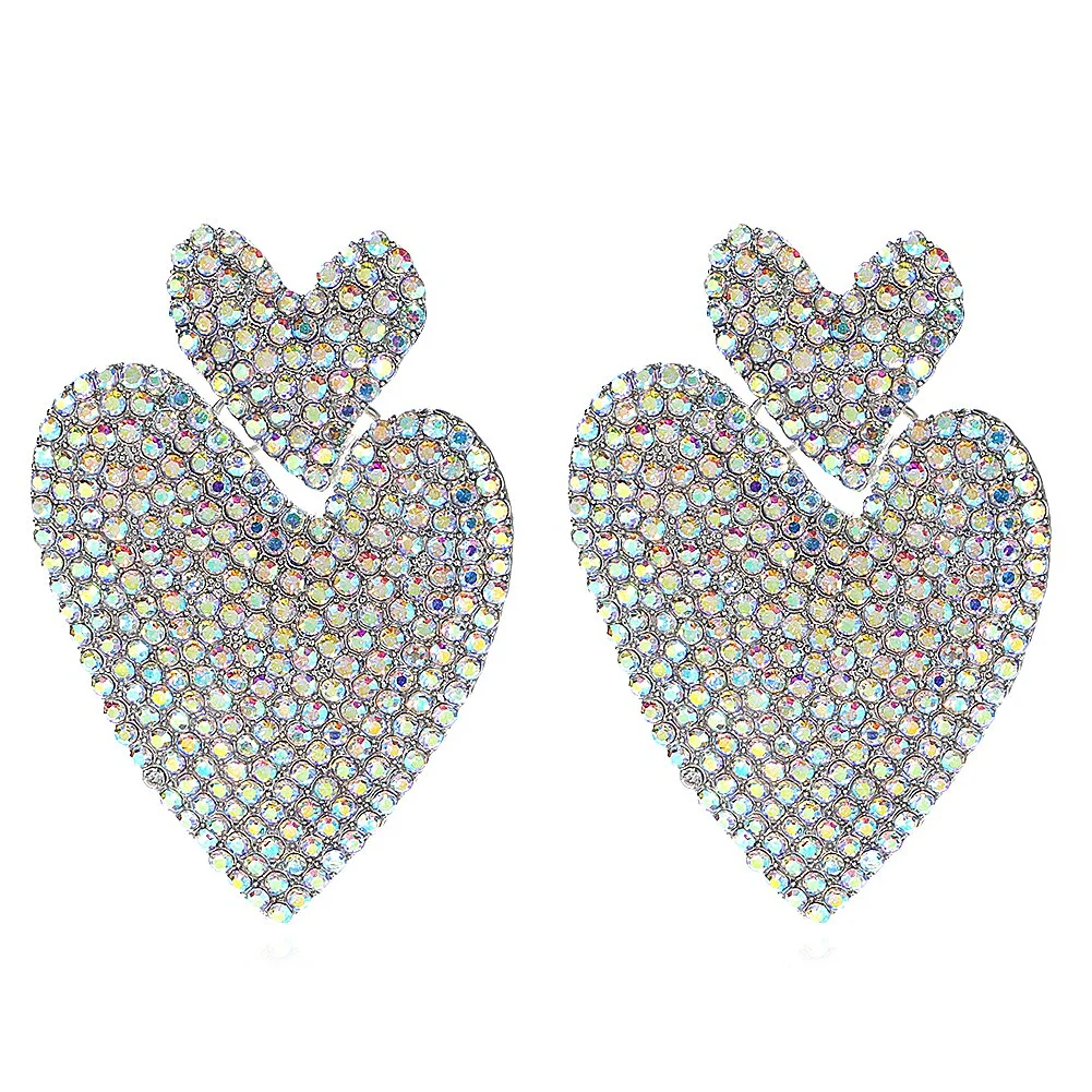 Dvacaman 2022 Valentine's Day Heart-Shaped Rhinestone Earrings For Women Shiny Statement Wedding Party Gift Crystal Drop Jewelry