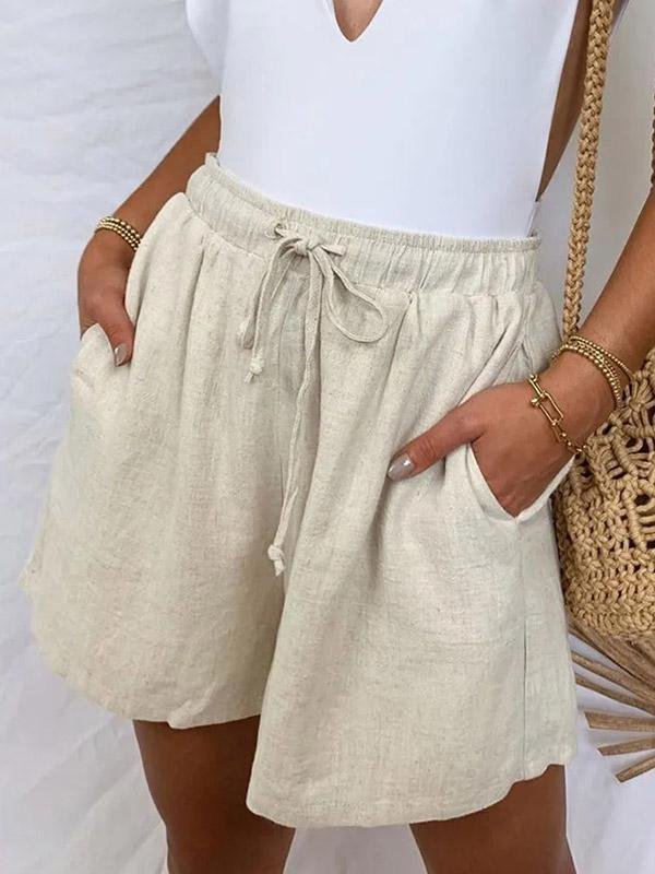 Women's cotton and linen loose solid color pocket shorts-Mayoulove