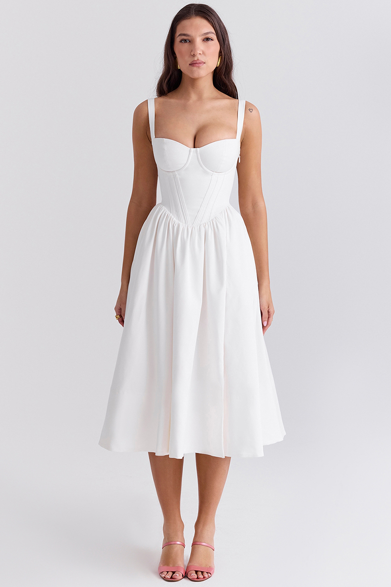 Spaghetti Strap Corset Lace Up Pocket Slit Midi Dresses-White