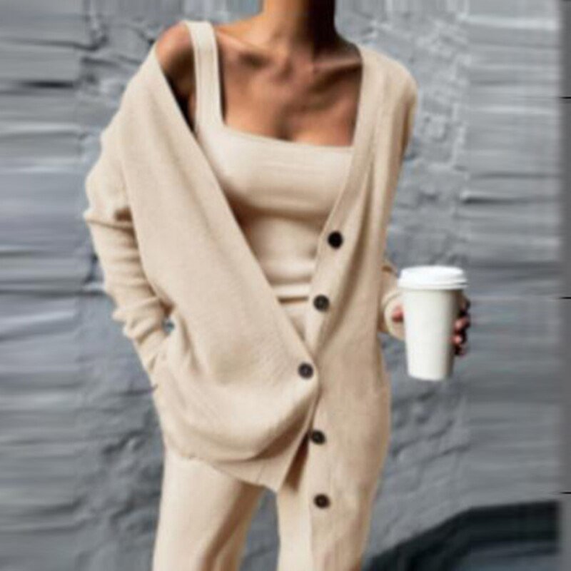 Women Casual Three Pieces Buttons Tracksuits Ladies Ribbed Knit Vest Tops And Wide Leg Pants Sets Streetwear Femme S-4XL Outfits