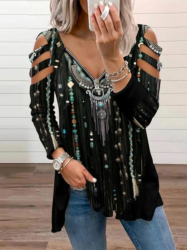 Western Tribal Tassels Printed Hollow Out T-Shirt