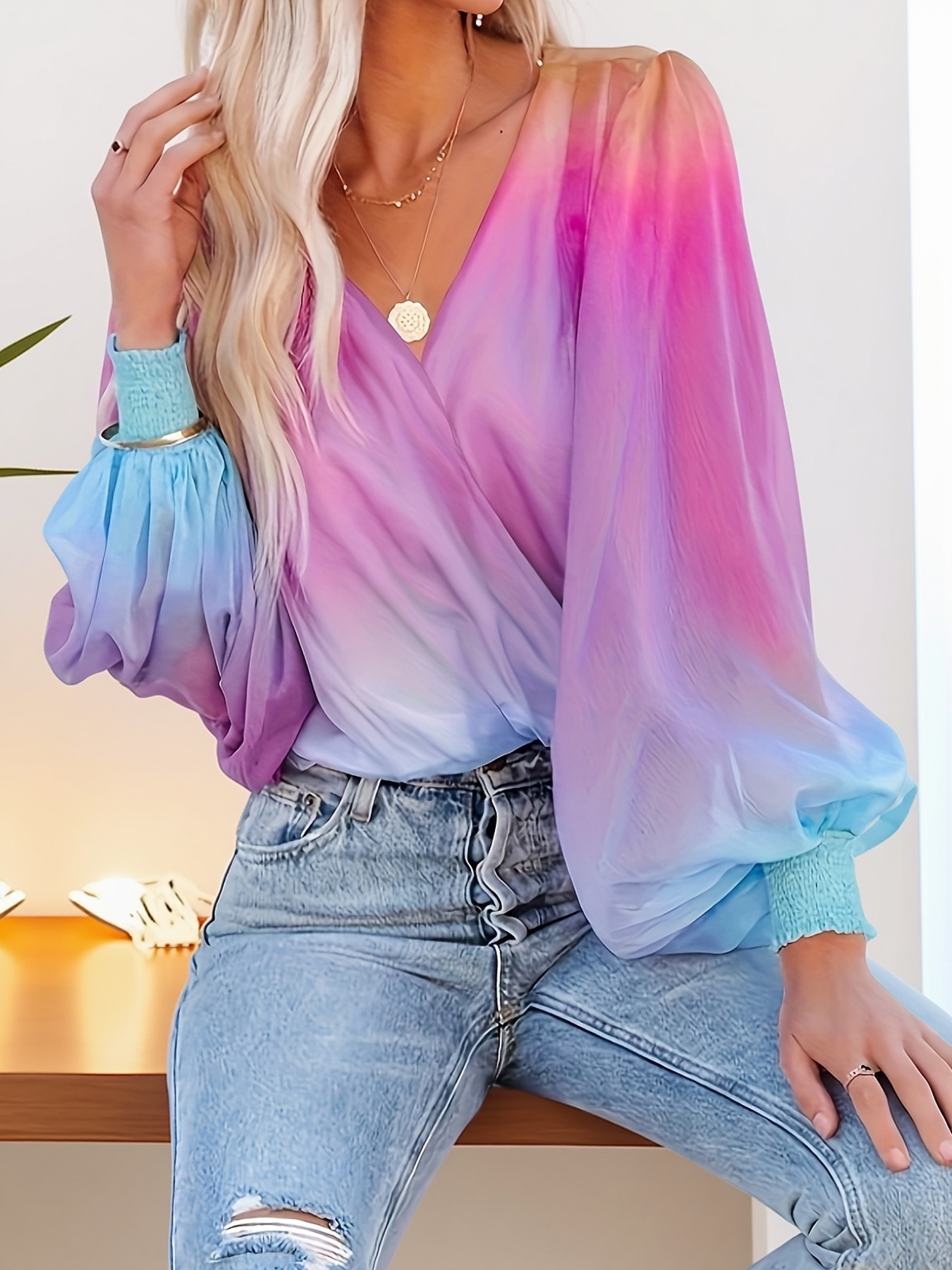 New Amazon Gradient Sheer Chiffon Fashion Print Pullover Shirt For Women Spring-Summer | IFYHOME