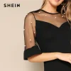 SHEIN Black Pearl Beading Mesh Sweetheart Tailored Half Sleeve Jumpsuit Spring Women Office Lady Solid Pencil Elegant Jumpsuits