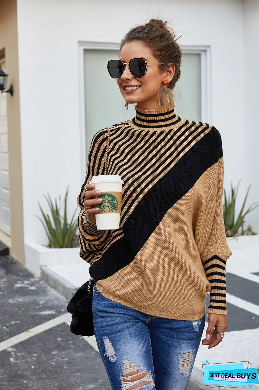 Twill Sweater Turtleneck Long Sleeved Knit Jacket Top