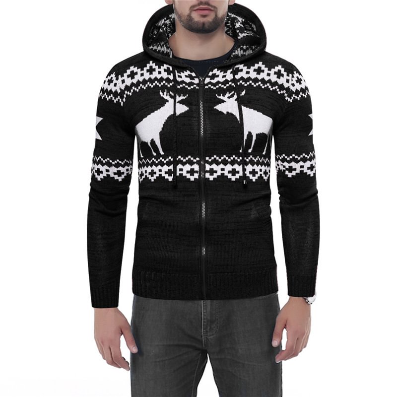 Men's Christmas Knitted Zip Up Hooded Sweater Casual Coat -VESSFUL