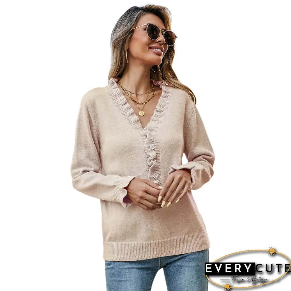 Apricot Frilled V Neck Button Knitted Sweater