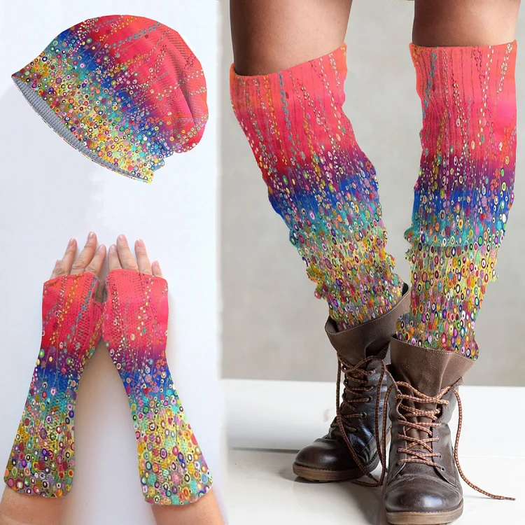 （Ship within 24 hours）Retro Floral Knitted Hat + Leg Warmers + Fingerless Gloves Set