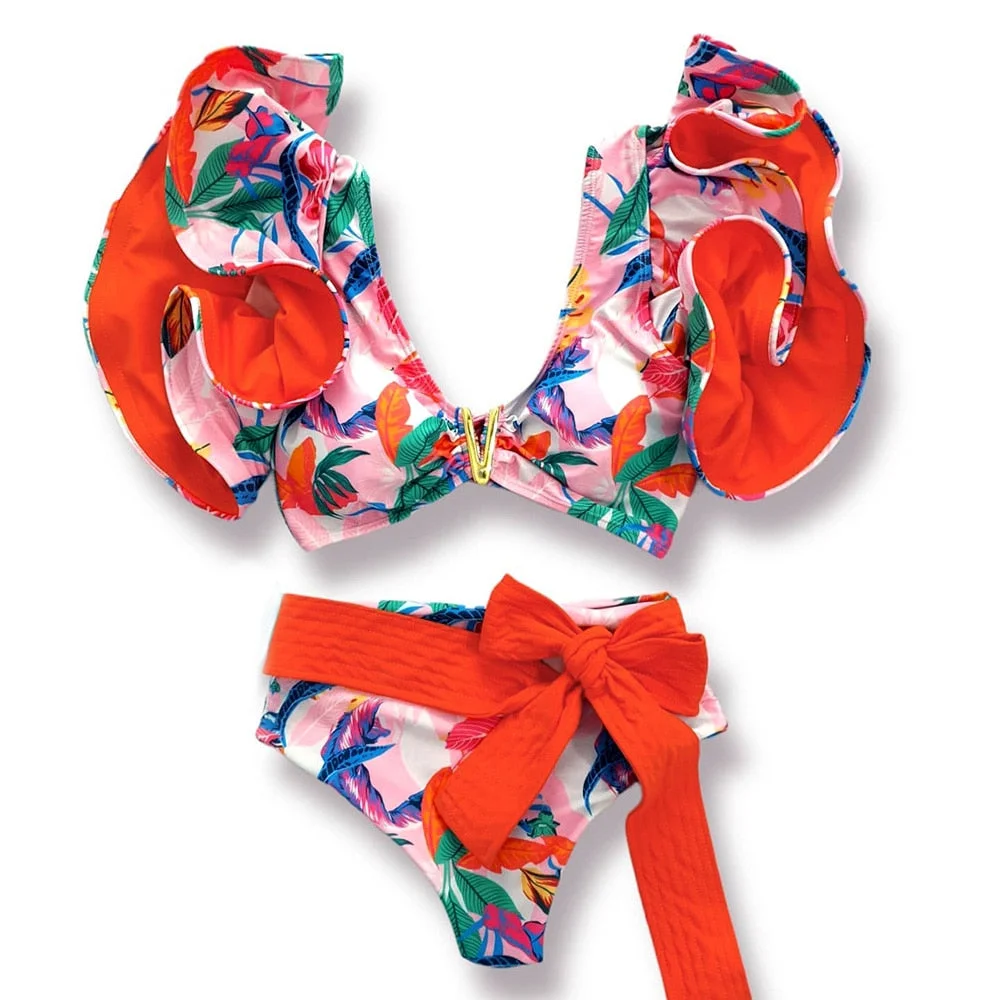 2022 New Sexy High Waist Bikini Sets Ruffle Swimwear Women Swimsuit Print Floral Dots V-neck Beach Wear Bathing Suits biquini