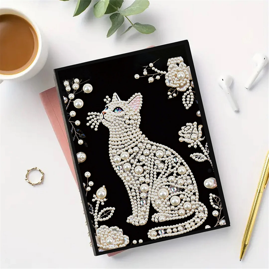 Flowers and Cat Partial Pearl DIY 50 Pages A5 Diamond Painting Notebook Special Shaped Diamond Art Diary Book Kits Wireless Strip 5D Crystal Art Paintings Sketchbook for Art Drawing