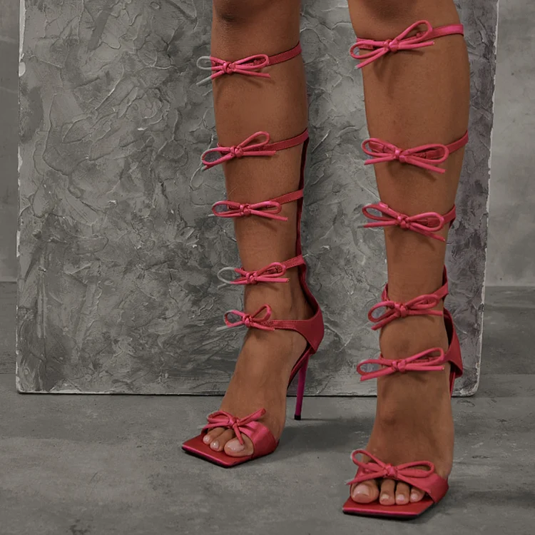 Elegant Gladiator Sandals with Bow Square Toe Stiletto Heel Party Shoes Vdcoo