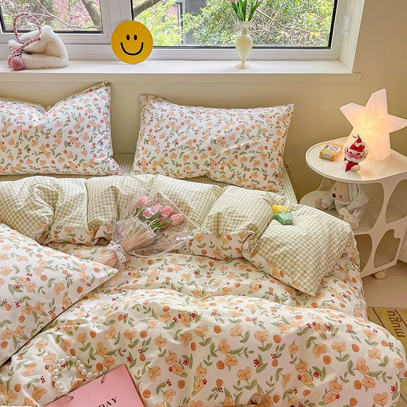 Aonga Ins Bedding Set Cream Green Floral Twin Queen Size Duvet Cover Flat Sheet Pillowcase No Filler Girl Boy Gift Home Bed Linens aonga