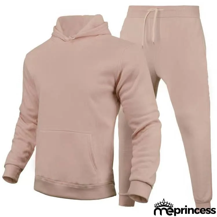 Men Casual Solid Color Hooded Long-Sleeved Hoodies And Pants Two-Piece Set