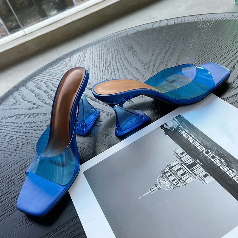 Transparent Strange Heels Slippers Women Summer 2022 Fashion Square Toe Shallow Slides Mules PVC Jelly Sandals Shoes Silver Blue