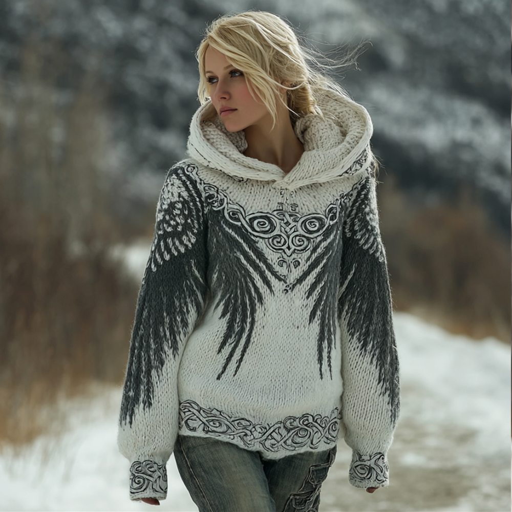 Viking Style Angel Wing Art Knitted Hooded Sweater elevenforest