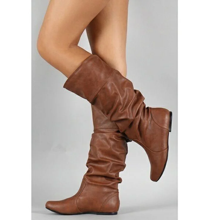 Yyvonne Flat-Bottomed Long Boots Women Autumn And Winter New In The New Increase In The Pu Leather Face Round Head Cover Thin Women Boots