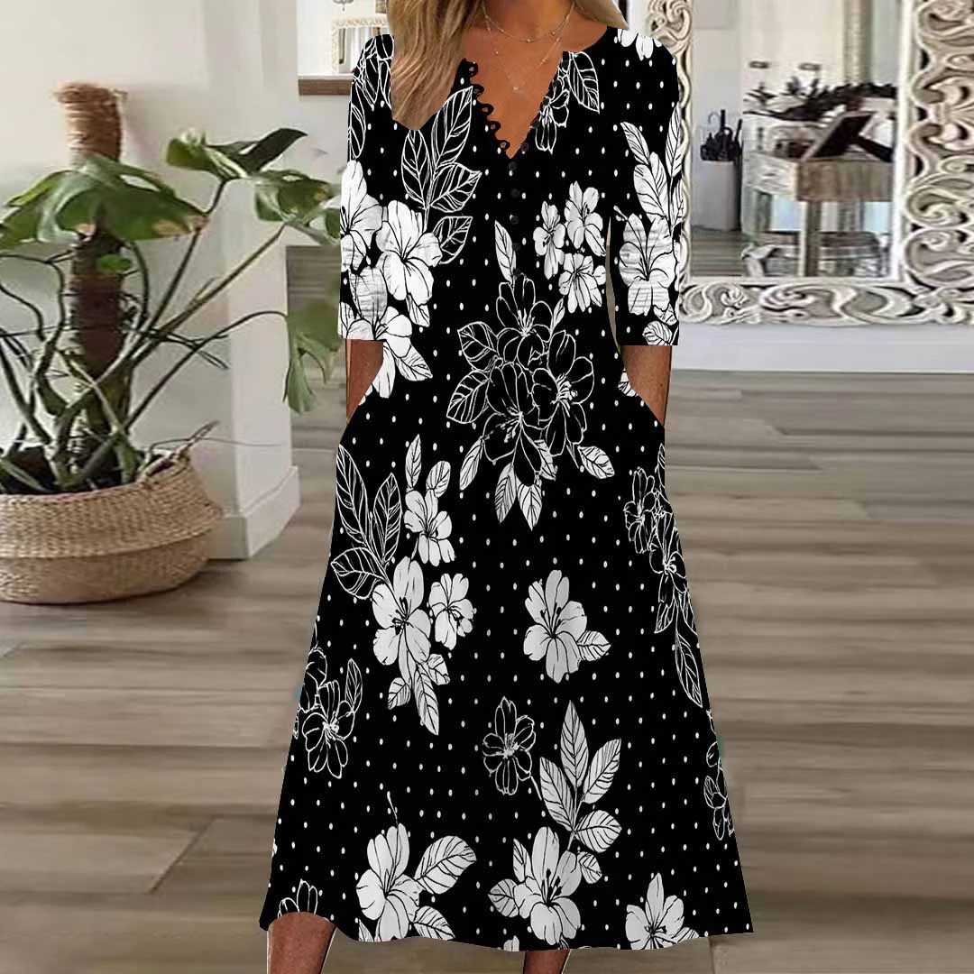 Women Floral,Black DZHB8242 Long Sleeve V-Neck Graphic Printed Midi Dress