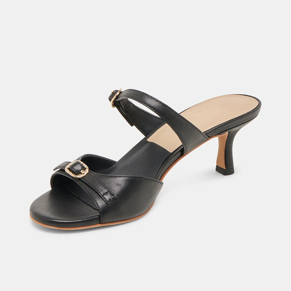 YDN Simple Black Open-Toe Kitten Heeled Mules with Double Buckle