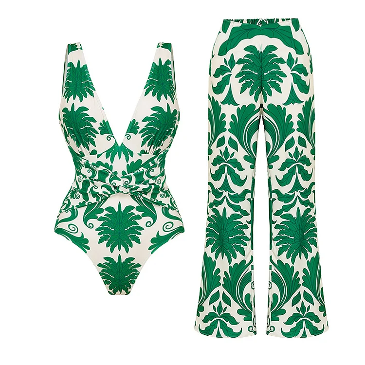 V Neck Printed Knotted at Waist One Piece Swimsuit and Pants Flaxmaker