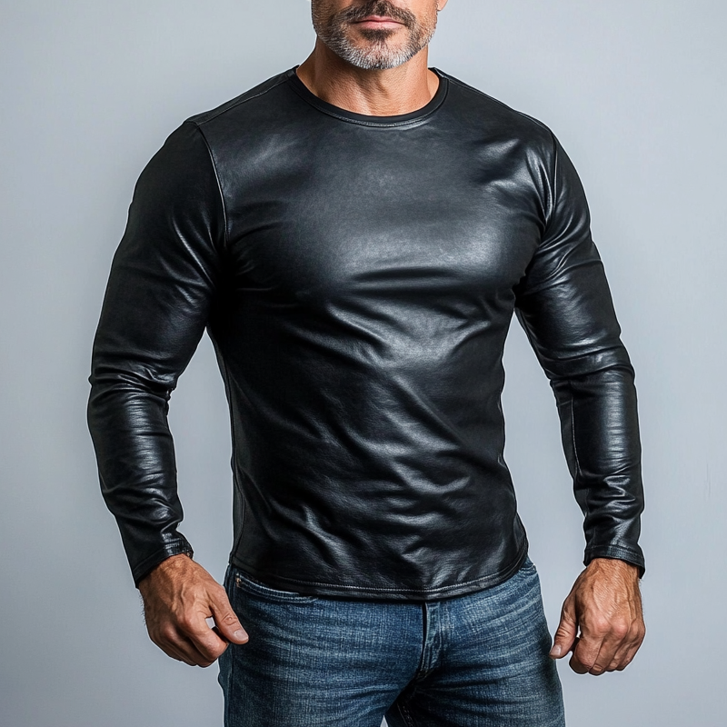 Men's Casual PU Leather Crew Neck Long Sleeve T-Shirt