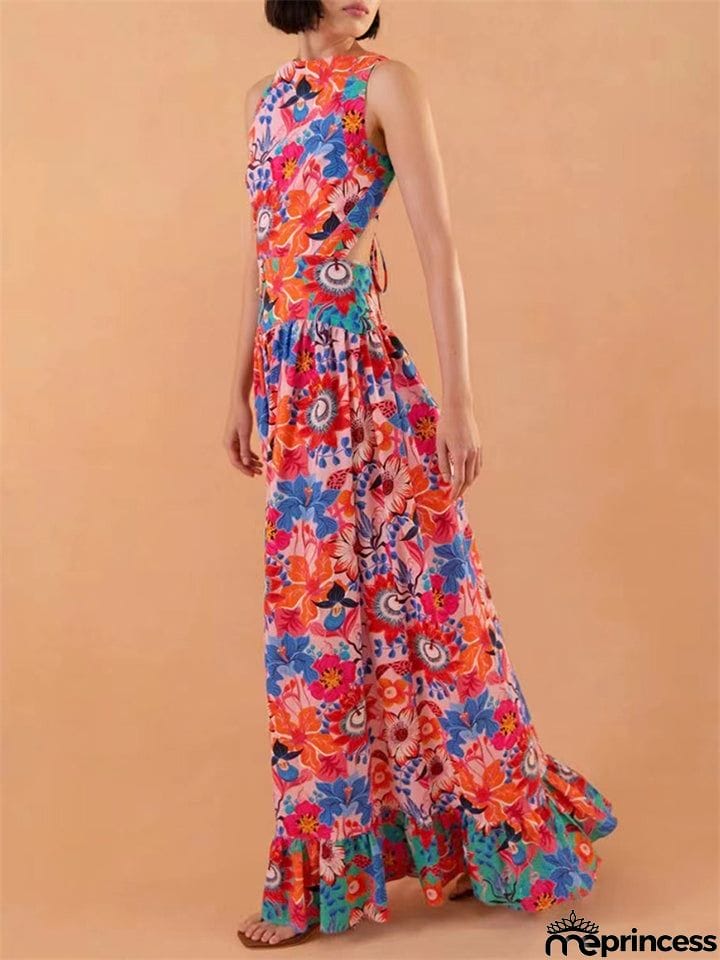 Women's Crew Neck Back Lace-up Floral Bohemian Dress