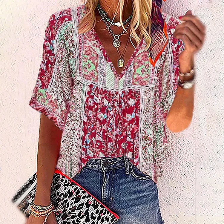 Women's V-neck Loose Casual Boho Floral Printed T-shirt