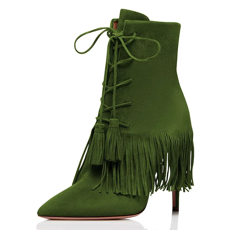 Green Vegan Suede Lace Up Fringe Boots Stiletto Heel Ankle Boots |FSJ Shoes