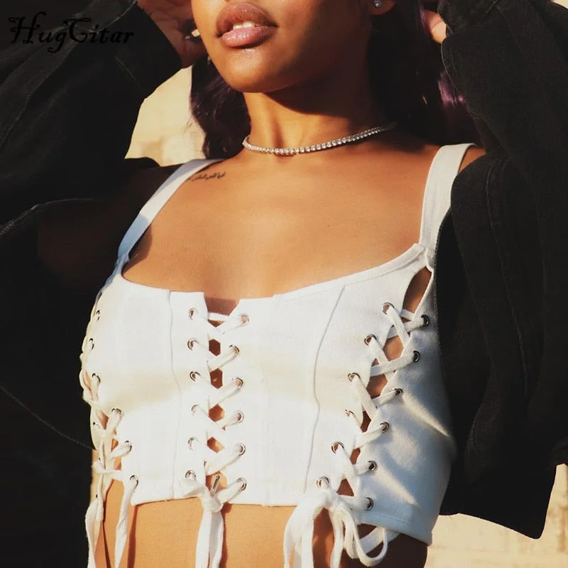 Hugcitar 2021 Sleeveless Square Collar Bandage Hollow Out Solid Chic Crop Top Sexy Spring Summer Women Streetwear Clothings